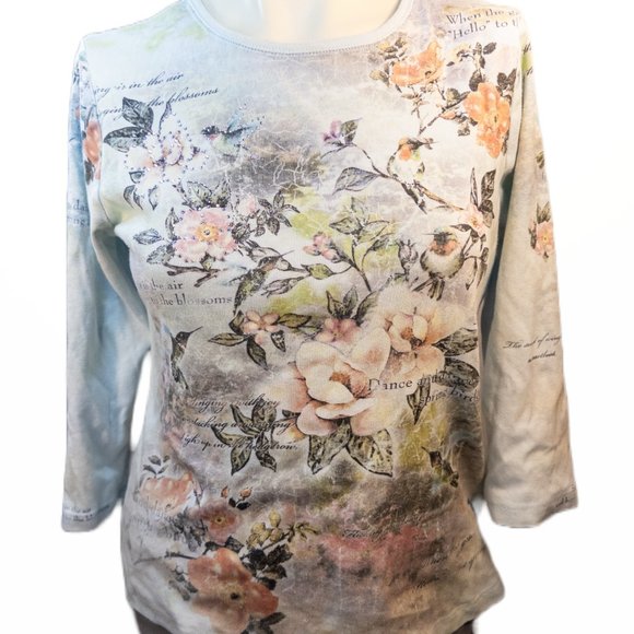 CACTUS Womens Size Medium Shirt Tee Blue Hummingbird Floral 3/4 Sleeve Y2K Top - Picture 10 of 10